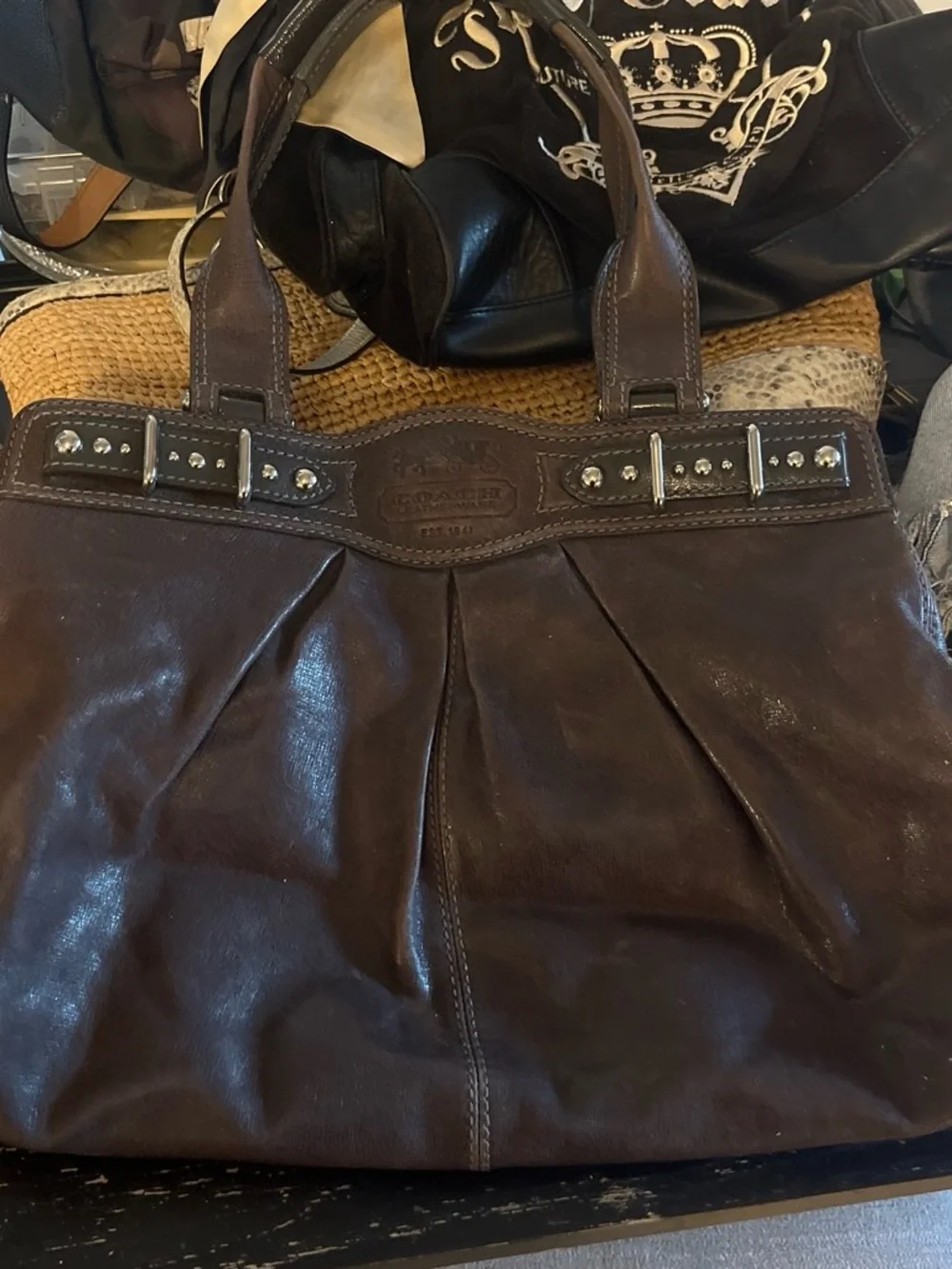 Coach Dark Brown Leather Tote with Silver Chain & Turnlock